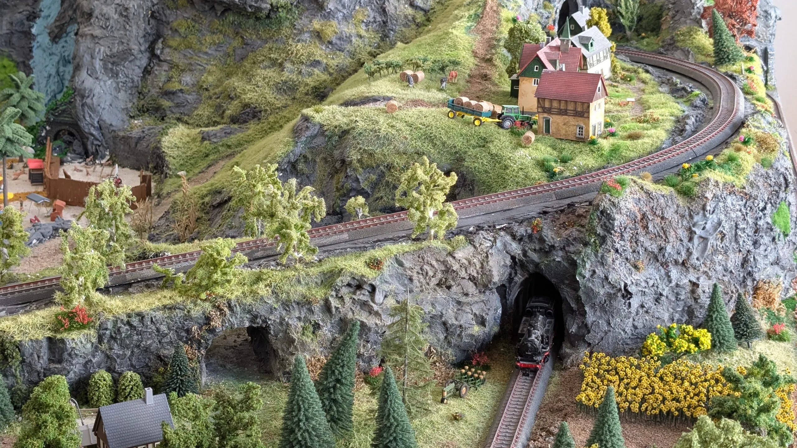 Aus dem Tunnel im Tal fährt die Lok heraus, vor ihr erstreckt sich das Sonnenblumenfeld. In der Ferne ist schon der Strand mit dem frisch aufgeschütteten Sand