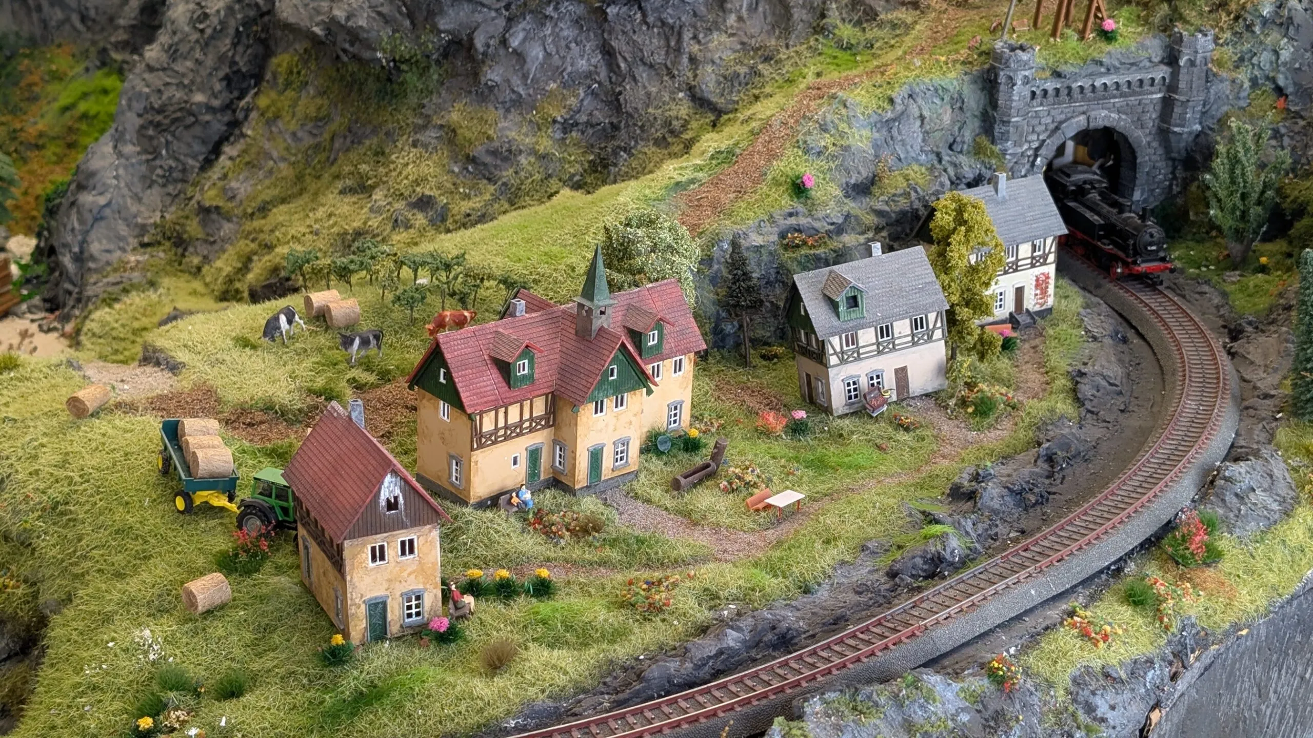 Die Dampflok taucht aus dem dunklen Tunnel auf, ihr Pfeifen hallt zwischen den Felsen. Kurz darauf rollt sie am Bergdorf vorbei, der Dampf zieht über die Dächer